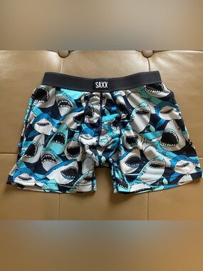 Saxx Shark Print Swim Trunks - Blue, Black, White